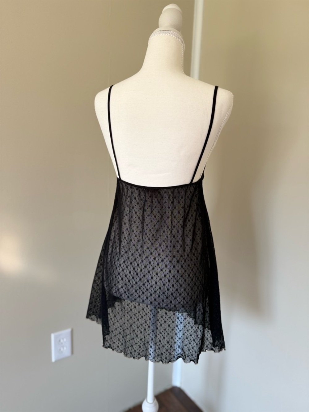 Vintage Eberjey Black Lace Sheer Slip Chemise Cream Bow Whimsigoth Coquette - Picture 5 of 7